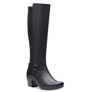Clarks Emslie March 261-38794 Women Black Leather SideZip KneeHigh RidingBoot 5M